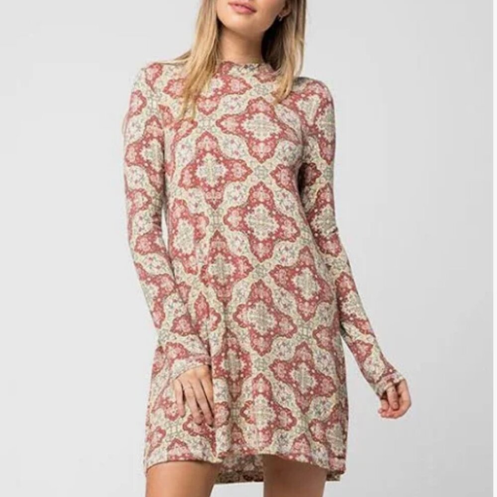 O'Neill Long Sleeve Print Pattern Mock Neck Boho Mini Shift Dress Size XS